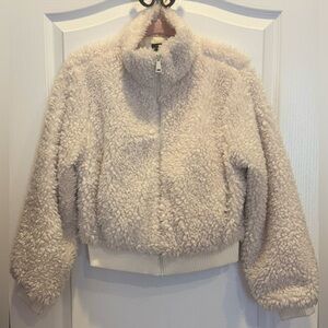 LOVE TREE Cozy Faux Fur Teddy Bear Bomber Jacket Ivory M